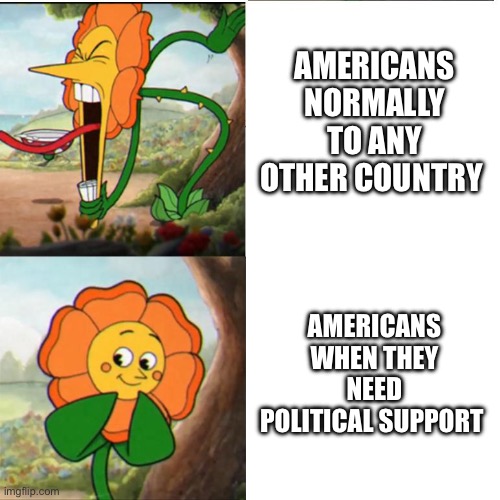 Americans normally vs when they need political support | AMERICANS NORMALLY TO ANY OTHER COUNTRY; AMERICANS WHEN THEY NEED POLITICAL SUPPORT | image tagged in cuphead flower | made w/ Imgflip meme maker