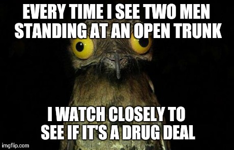 Weird Stuff I Do Potoo | EVERY TIME I SEE TWO MEN STANDING AT AN OPEN TRUNK I WATCH CLOSELY TO SEE IF IT'S A DRUG DEAL | image tagged in memes,weird stuff i do potoo | made w/ Imgflip meme maker