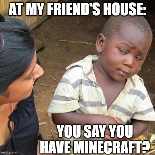 Third World Skeptical Kid Meme | AT MY FRIEND'S HOUSE:; YOU SAY YOU HAVE MINECRAFT? | image tagged in memes,third world skeptical kid | made w/ Imgflip meme maker