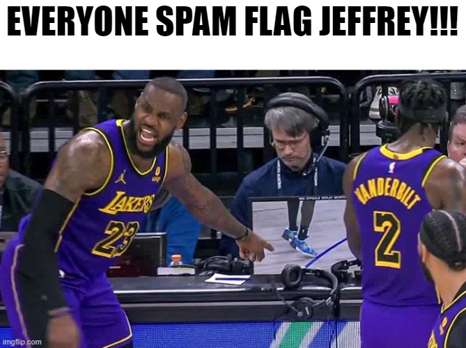 LeBron James pointing | EVERYONE SPAM FLAG JEFFREY!!! | image tagged in lebron james pointing | made w/ Imgflip meme maker