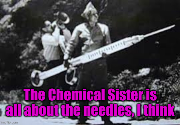 Hypodermic needle | The Chemical Sister is all about the needles, I think | image tagged in hypodermic needle | made w/ Imgflip meme maker