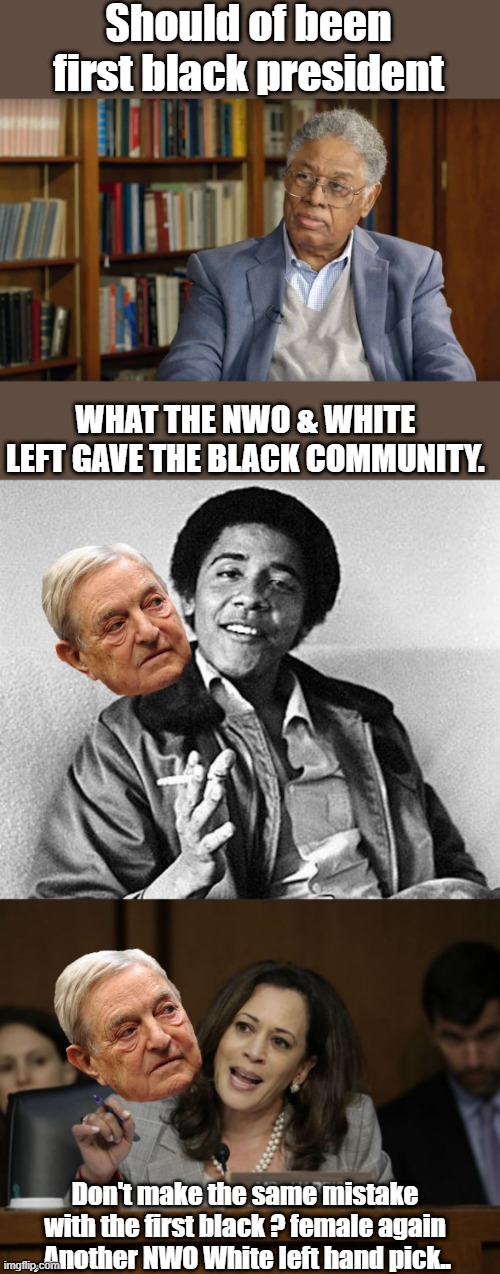 White NWO  lefties run the DEM party | Should of been first black president; WHAT THE NWO & WHITE  LEFT GAVE THE BLACK COMMUNITY. Don't make the same mistake with the first black ? female again , Another NWO White left hand pick.. | image tagged in kamala harris | made w/ Imgflip meme maker