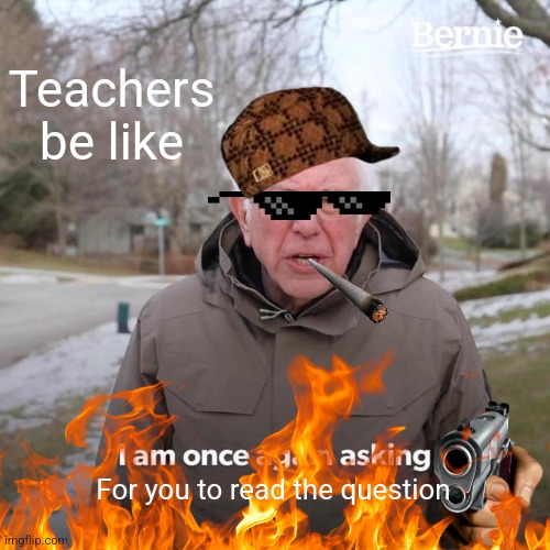 Bernie I Am Once Again Asking For Your Support | Teachers be like; For you to read the question | image tagged in memes,bernie i am once again asking for your support | made w/ Imgflip meme maker