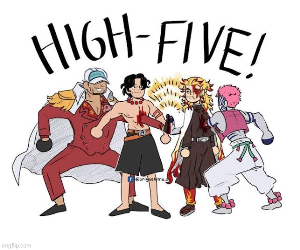 get rengoku donut techniqued @maxi | image tagged in akainu and akaza high five | made w/ Imgflip meme maker