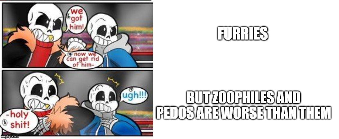 WHO CARES ABOUT THE ARGUMENT, LET THEM SHOW UP, WE'LL BLOW UP THIS SH1T S*XUALLY | FURRIES; BUT ZOOPHILES AND PEDOS ARE WORSE THAN THEM | image tagged in fell and classic preparing for something but got shocked,memes,ok got it | made w/ Imgflip meme maker