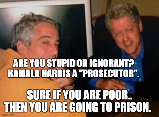 Jeffery Epstein and Bill Clinton | ARE YOU STUPID OR IGNORANT? KAMALA HARRIS A "PROSECUTOR". SURE IF YOU ARE POOR.. THEN YOU ARE GOING TO PRISON. | image tagged in jeffery epstein and bill clinton | made w/ Imgflip meme maker