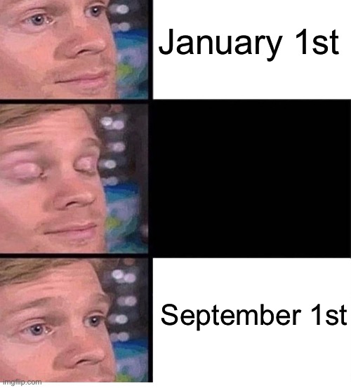 How is it already September…? | January 1st; September 1st | image tagged in blinking guy vertical blank | made w/ Imgflip meme maker