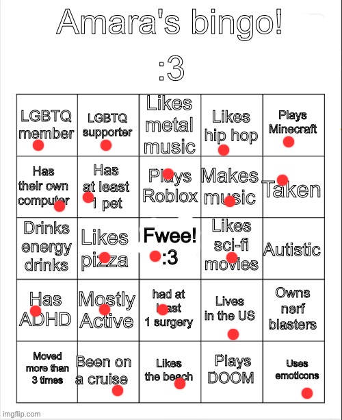 Amara's bingo | image tagged in amara's bingo | made w/ Imgflip meme maker