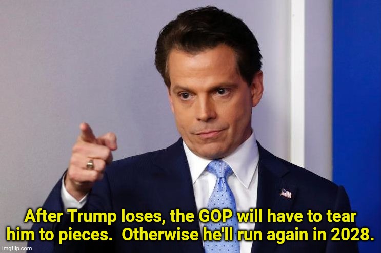 The Mooch warning the GOP | After Trump loses, the GOP will have to tear him to pieces.  Otherwise he'll run again in 2028. | image tagged in scaramucci calls out fake news | made w/ Imgflip meme maker