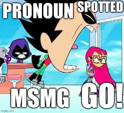 X spotted Y go | PRONOUN MSMG | image tagged in x spotted y go | made w/ Imgflip meme maker