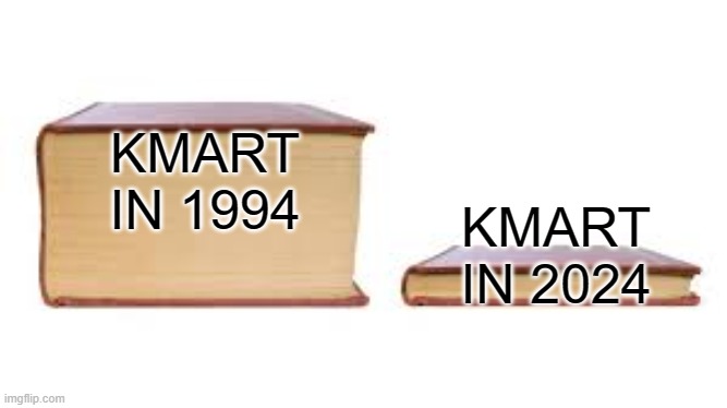 Sad but true... | KMART IN 1994; KMART IN 2024 | image tagged in big book small book | made w/ Imgflip meme maker