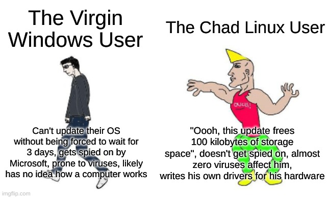 Virgin vs Chad | The Chad Linux User; The Virgin Windows User; "Oooh, this update frees 100 kilobytes of storage space", doesn't get spied on, almost zero viruses affect him, writes his own drivers for his hardware; Can't update their OS without being forced to wait for 3 days, gets spied on by Microsoft, prone to viruses, likely has no idea how a computer works | image tagged in virgin vs chad | made w/ Imgflip meme maker