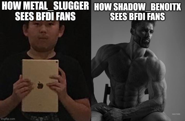 HOW SHADOW_BENOITX SEES BFDI FANS; HOW METAL_SLUGGER SEES BFDI FANS | image tagged in kid with ipad,giga chad | made w/ Imgflip meme maker