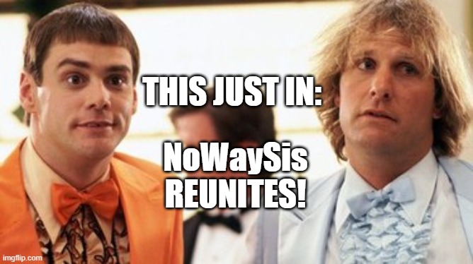 NoWaySis Reunites! | NoWaySis REUNITES! THIS JUST IN: | image tagged in oasis,puns,dumb and dumber,satire | made w/ Imgflip meme maker