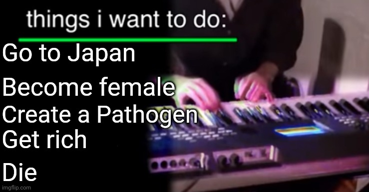 They wanted us to use the template | Go to Japan; Become female; Create a Pathogen; Get rich; Die | image tagged in things i want to do bill wurtz | made w/ Imgflip meme maker