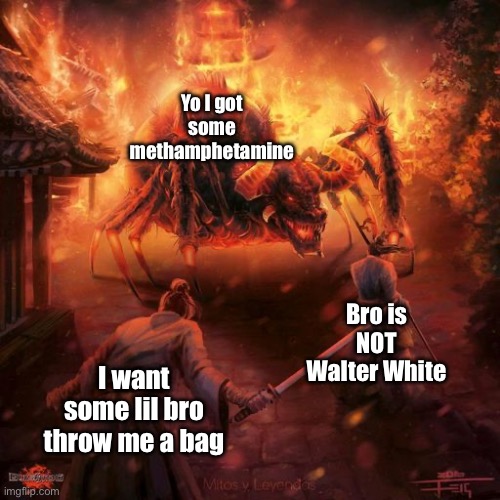 Badass spider thing | Yo I got some methamphetamine; Bro is NOT Walter White; I want some lil bro throw me a bag | image tagged in badass spider thing | made w/ Imgflip meme maker