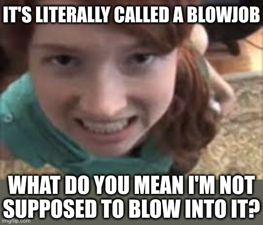 where dick farts come from | IT'S LITERALLY CALLED A BLOWJOB WHAT DO YOU MEAN I'M NOT
SUPPOSED TO BLOW INTO IT? | image tagged in flatten out the blowjob | made w/ Imgflip meme maker