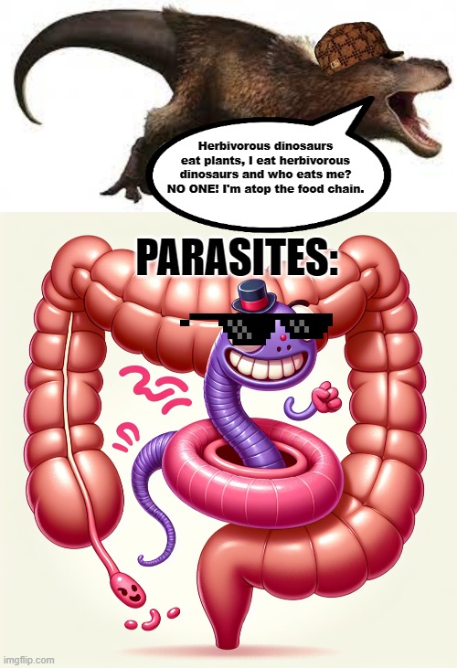 He's not the king in that case. | Herbivorous dinosaurs eat plants, I eat herbivorous dinosaurs and who eats me? NO ONE! I'm atop the food chain. PARASITES: | image tagged in t-rex,circle of life,parasite,the king | made w/ Imgflip meme maker