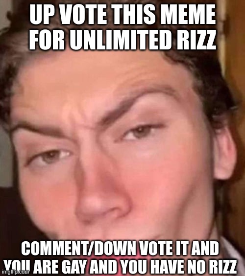 Rizz | UP VOTE THIS MEME FOR UNLIMITED RIZZ; COMMENT/DOWN VOTE IT AND YOU ARE GAY AND YOU HAVE NO RIZZ | image tagged in rizz | made w/ Imgflip meme maker