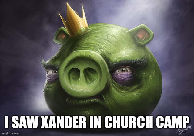 Go to Mr Niklez account and got to lore | I SAW XANDER IN CHURCH CAMP | image tagged in angry birds realistic king pig | made w/ Imgflip meme maker