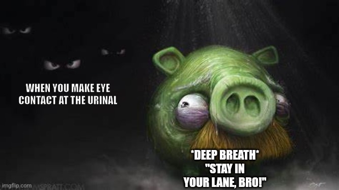 Fr | WHEN YOU MAKE EYE CONTACT AT THE URINAL; *DEEP BREATH* "STAY IN YOUR LANE, BRO!" | image tagged in realistic pig in dark | made w/ Imgflip meme maker