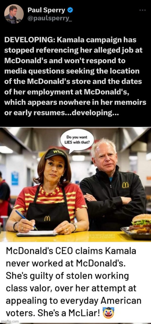 Hobama McLiar never worked at McDonalds | image tagged in kamala harris,mcdonalds | made w/ Imgflip meme maker