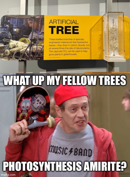 Guess we don’t have enough natural trees | WHAT UP MY FELLOW TREES; PHOTOSYNTHESIS AMIRITE? | image tagged in steve buscemi fellow kids | made w/ Imgflip meme maker