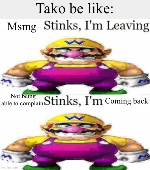 Tako be like:; Msmg; Coming back; Not being able to complain | image tagged in twitter stinks im leaving blank | made w/ Imgflip meme maker