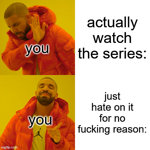 Drake Hotline Bling Meme | actually watch the series: just hate on it for no fucking reason: you you | image tagged in memes,drake hotline bling | made w/ Imgflip meme maker