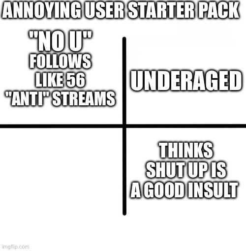 Blank Starter Pack | ANNOYING USER STARTER PACK; "NO U"; UNDERAGED; FOLLOWS LIKE 56 "ANTI" STREAMS; THINKS SHUT UP IS A GOOD INSULT | image tagged in memes,blank starter pack | made w/ Imgflip meme maker