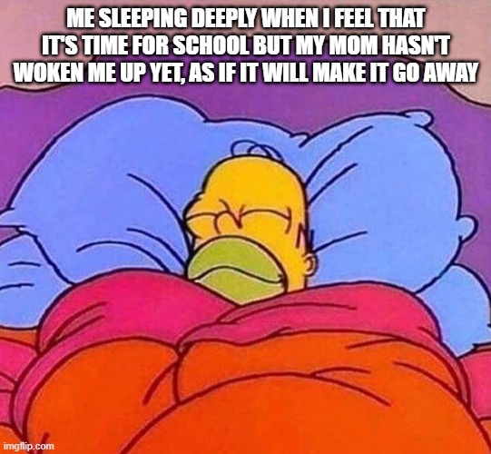 Come on I can't be the only one who does this | ME SLEEPING DEEPLY WHEN I FEEL THAT IT'S TIME FOR SCHOOL BUT MY MOM HASN'T WOKEN ME UP YET, AS IF IT WILL MAKE IT GO AWAY | image tagged in homer simpson sleeping peacefully,memes | made w/ Imgflip meme maker