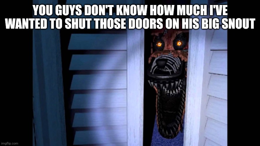 Foxy FNaF 4 | YOU GUYS DON'T KNOW HOW MUCH I'VE WANTED TO SHUT THOSE DOORS ON HIS BIG SNOUT | image tagged in foxy fnaf 4 | made w/ Imgflip meme maker