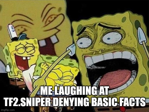 Spongebob laughing Hysterically | ME LAUGHING AT TF2.SNIPER DENYING BASIC FACTS | image tagged in spongebob laughing hysterically | made w/ Imgflip meme maker