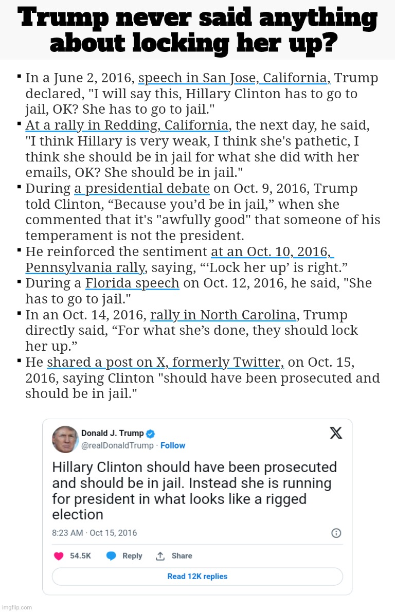 Trump never said anything
about locking her up? | made w/ Imgflip meme maker