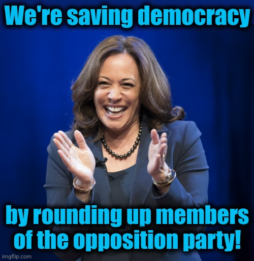 Kamala Harris laughing | We're saving democracy by rounding up members of the opposition party! | image tagged in kamala harris laughing | made w/ Imgflip meme maker