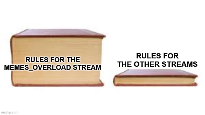 Big book small book | RULES FOR THE MEMES_OVERLOAD STREAM RULES FOR THE OTHER STREAMS | image tagged in big book small book | made w/ Imgflip meme maker