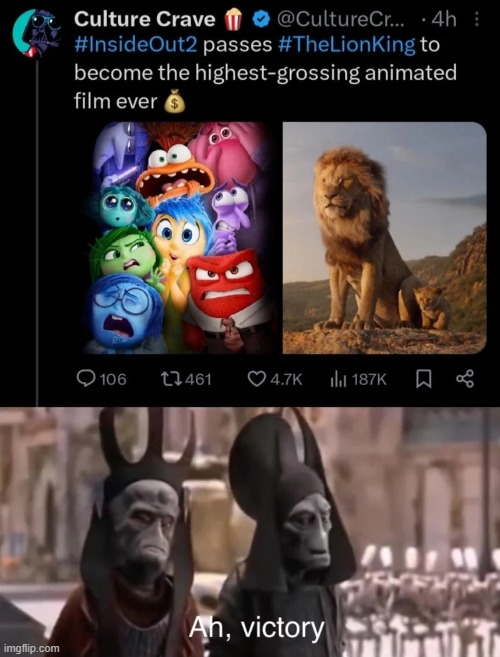 It's very close to beating Jurassic World, too! | image tagged in box office,inside out 2,the lion king,victory | made w/ Imgflip meme maker