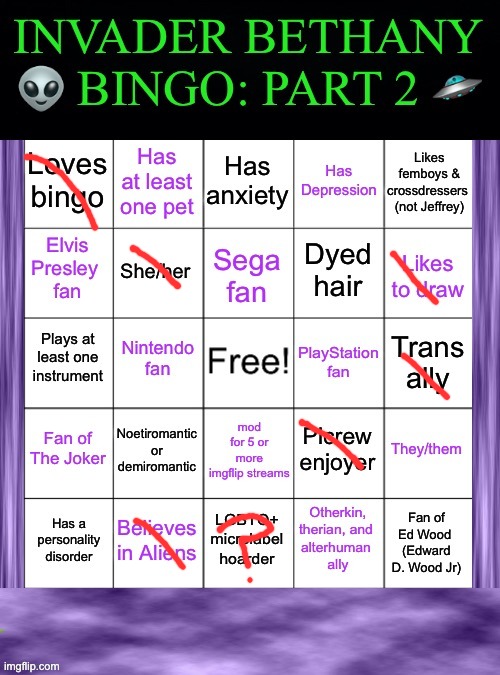 InvaderBethany Bingo: Part 2 | image tagged in invaderbethany bingo part 2 | made w/ Imgflip meme maker