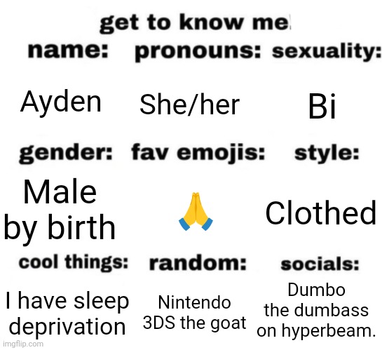 get to know me but better | Ayden; She/her; Bi; 🙏; Clothed; Male by birth; Dumbo the dumbass on hyperbeam. Nintendo 3DS the goat; I have sleep deprivation | image tagged in get to know me but better | made w/ Imgflip meme maker