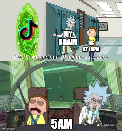 20 minute adventure rick morty | MY BRAIN; ME AT 10PM; 5AM | image tagged in 20 minute adventure rick morty | made w/ Imgflip meme maker