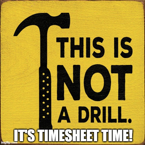 This is not a drill timesheet reminder | IT'S TIMESHEET TIME! | image tagged in this is not a drill timesheet reminder,timesheet reminder,timesheet meme,memes | made w/ Imgflip meme maker