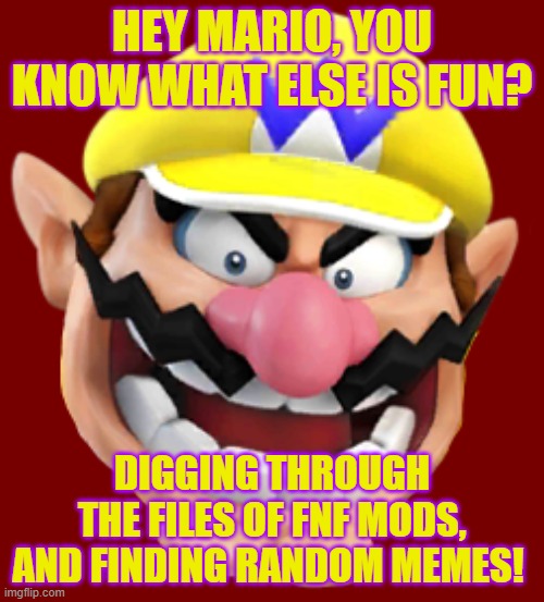 WAHAHHAHAHAHAHA! | HEY MARIO, YOU KNOW WHAT ELSE IS FUN? DIGGING THROUGH THE FILES OF FNF MODS, AND FINDING RANDOM MEMES! | made w/ Imgflip meme maker