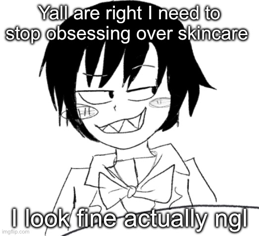 icy smirk | Yall are right I need to stop obsessing over skincare; I look fine actually ngl | image tagged in icy smirk | made w/ Imgflip meme maker