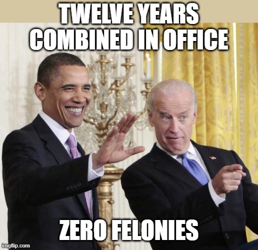 No Felonies | TWELVE YEARS COMBINED IN OFFICE; ZERO FELONIES | image tagged in joe biden,barack obama | made w/ Imgflip meme maker