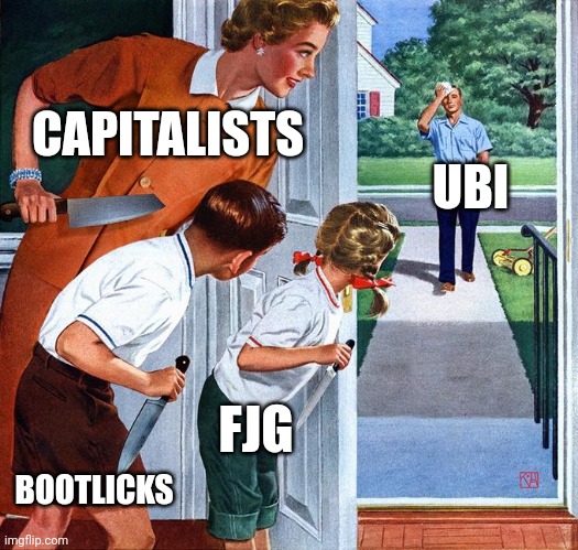 Waiting to Jump UBI | CAPITALISTS; UBI; FJG; BOOTLICKS | image tagged in waiting for dad | made w/ Imgflip meme maker