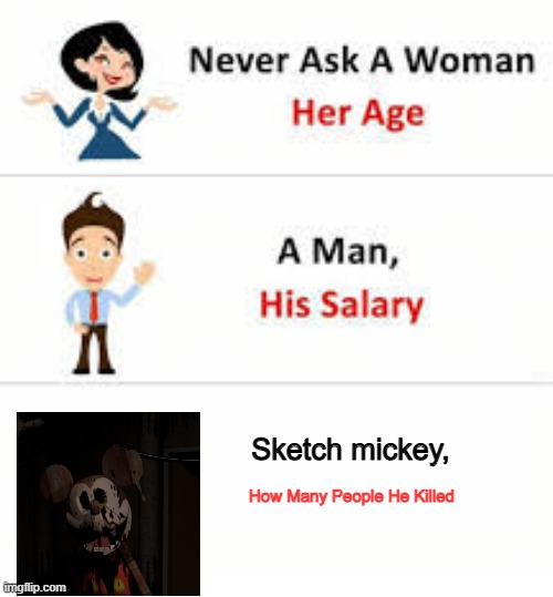 Never ask a woman her age | Sketch mickey, How Many People He Killed | image tagged in never ask a woman her age | made w/ Imgflip meme maker