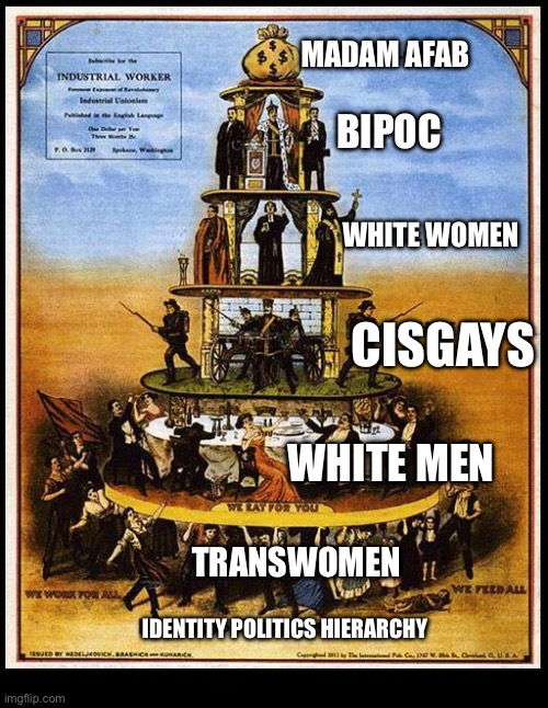 Leftist Identity politics hierarchy | MADAM AFAB; BIPOC; WHITE WOMEN; CISGAYS; WHITE MEN; TRANSWOMEN; IDENTITY POLITICS HIERARCHY | image tagged in lgbt,politics,leftists,leftist | made w/ Imgflip meme maker