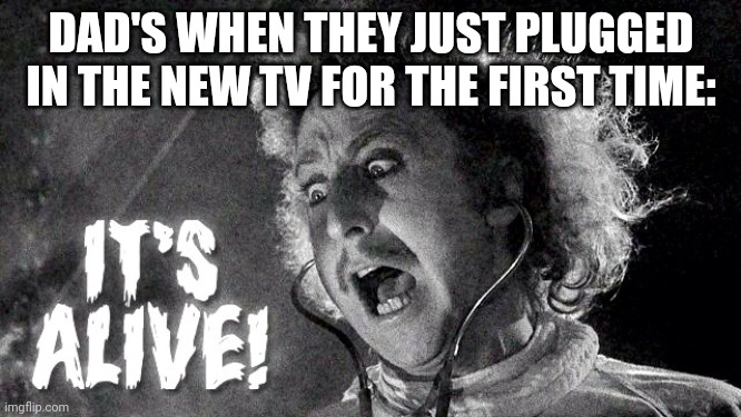 It's alive!!! | DAD'S WHEN THEY JUST PLUGGED IN THE NEW TV FOR THE FIRST TIME: | image tagged in it's alive,memes,funny,for real,relatable | made w/ Imgflip meme maker