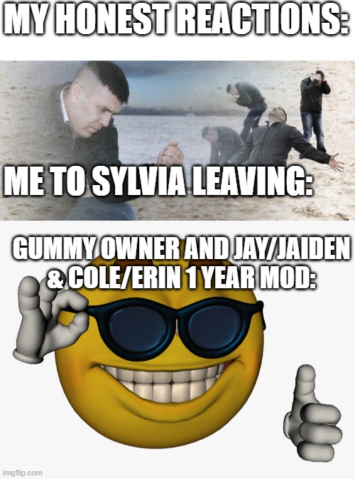 MY HONEST REACTIONS: ME TO SYLVIA LEAVING: GUMMY OWNER AND JAY/JAIDEN & COLE/ERIN 1 YEAR MOD: | image tagged in dramatic dmitry,cool guy emoji | made w/ Imgflip meme maker