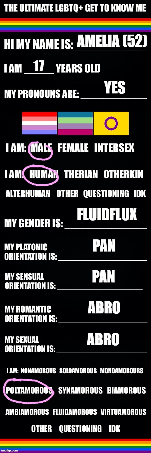 bad timing... | AMELIA (52); 17; YES; FLUIDFLUX; PAN; PAN; ABRO; ABRO | image tagged in the ultimate lgbtq get to know me | made w/ Imgflip meme maker